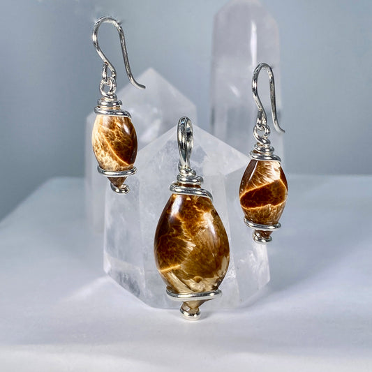 Bridewell Stone Cocoa Sterling Silver Wire Pendant and Earrings Set