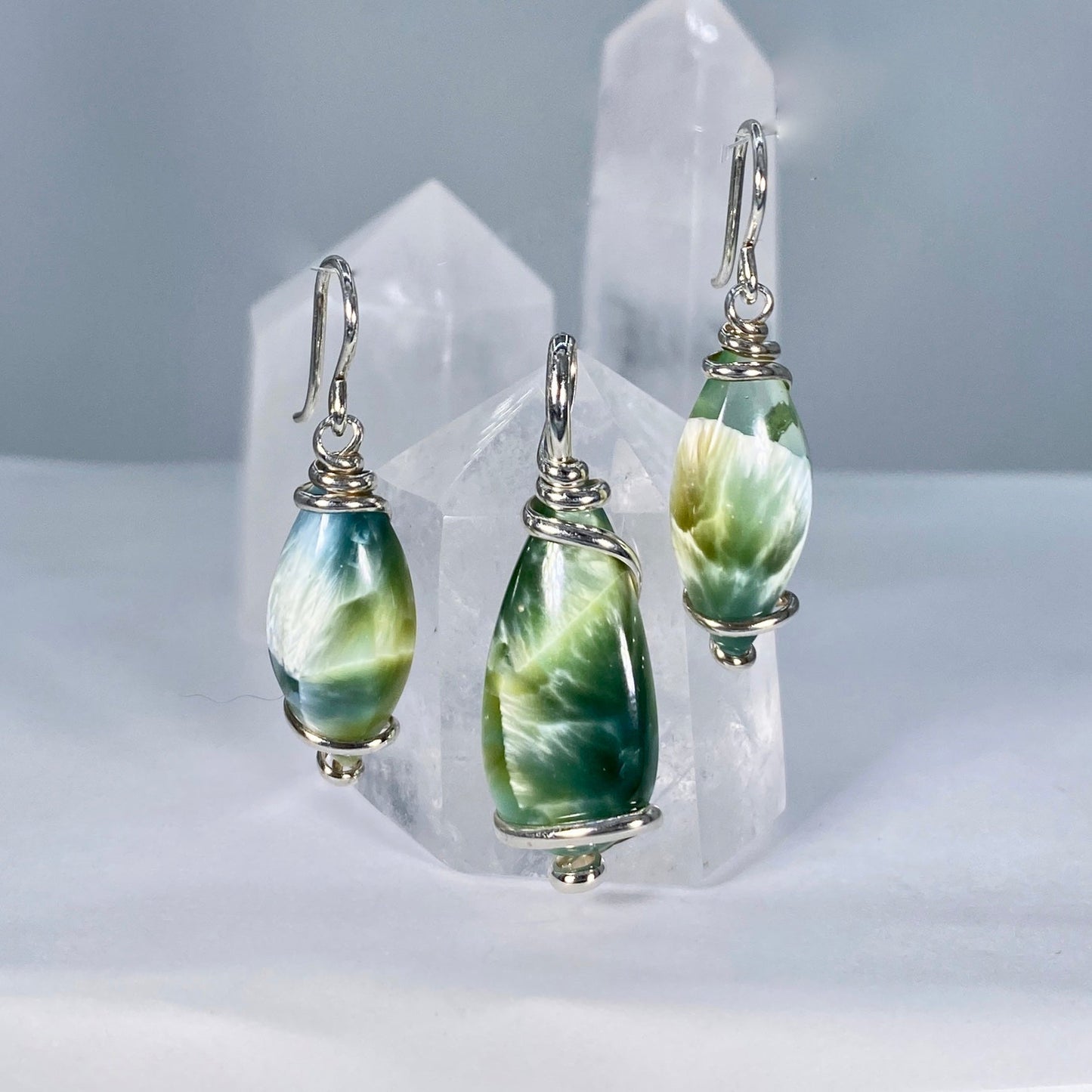 Bridewell Stone Multi Greens Dangle Sterling Silver Wire Pendant and Earrings