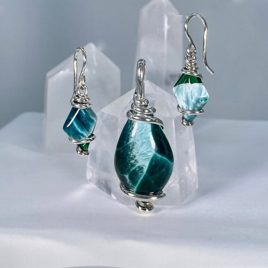 Bridewell Stone Blue Green Dangle Sterling Silver Wire Pendant and Earrings