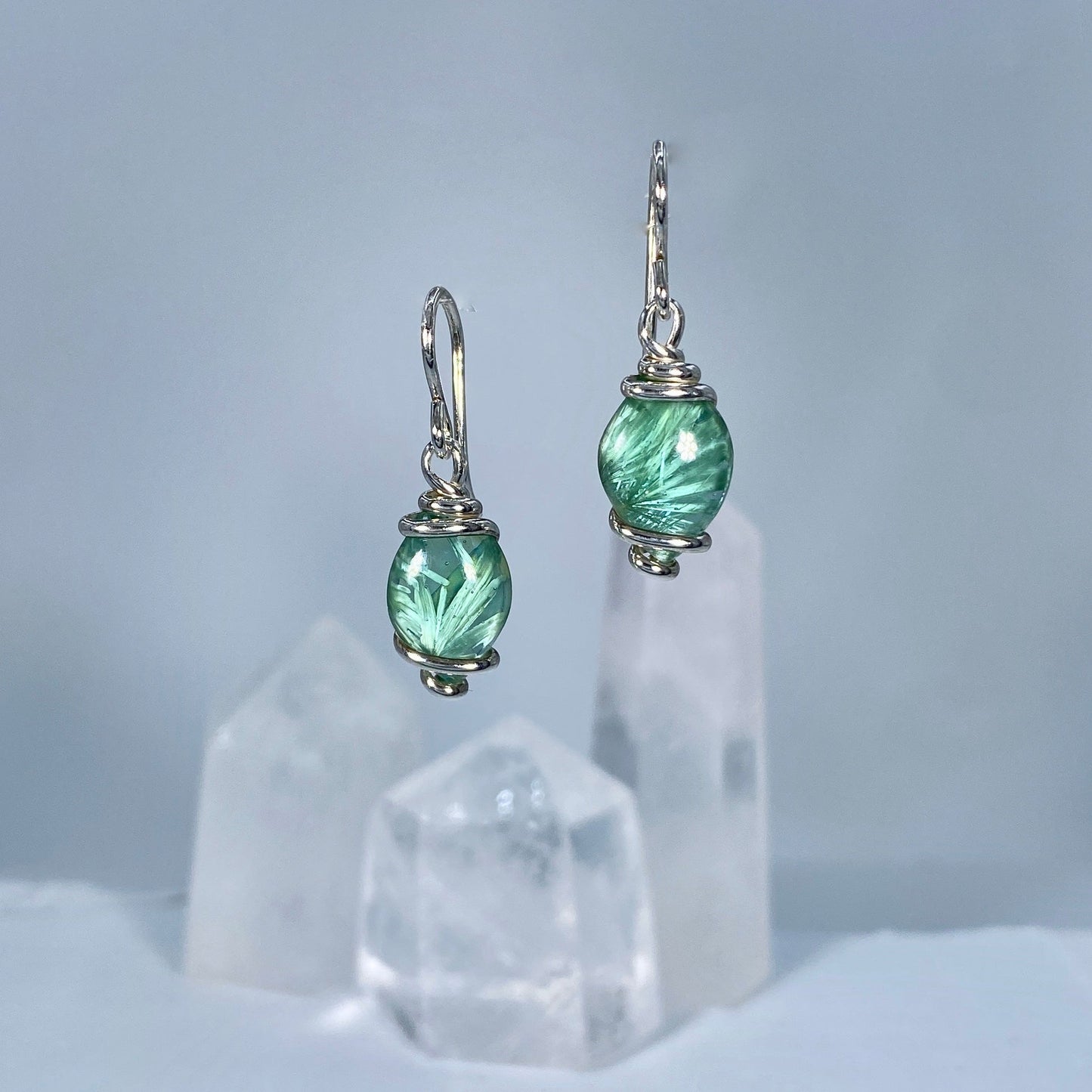 Handcrafted Bridewell Stone Green Dangle Sterling Silver Wire Earrings