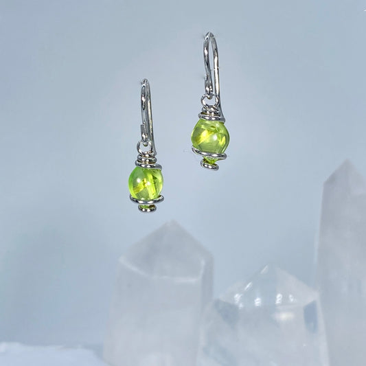 Handcrafted Bridewell Stone Lime Green Dangle Sterling Silver Wire Earrings