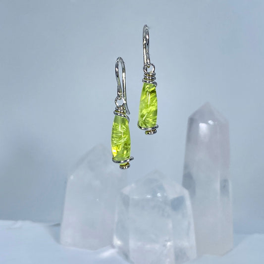 Handcrafted Bridewell Stone Lime Green Dangle Sterling Silver Wire Earrings